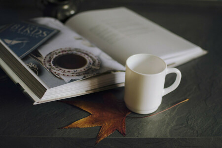 livre. image, tasse, agresser, feuille, blanc