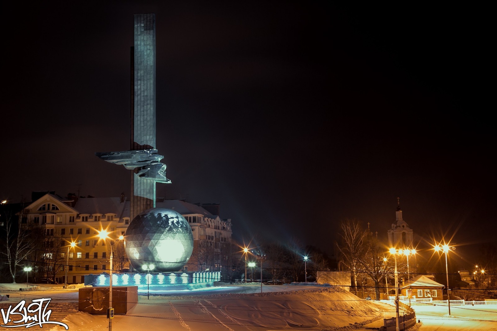 neve, la città, notte, palla, città, Gagarin, Kaluga