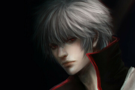 Gintama, guy, red eyes, Sakata Gintoki, the dark background, white hair