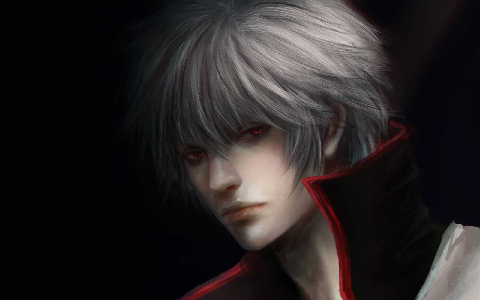 ciemne tło, czerwone oczy, chłopak, białe włosy, Gintama, Sakata Gintoki