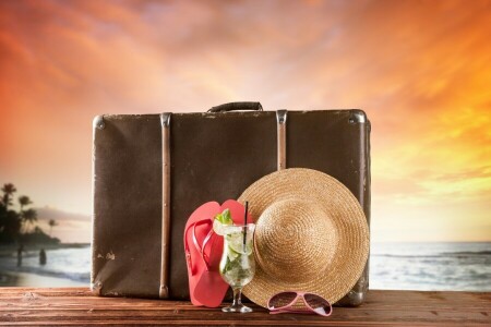 playa, cóctel, lentes, mar, pizarras, maleta