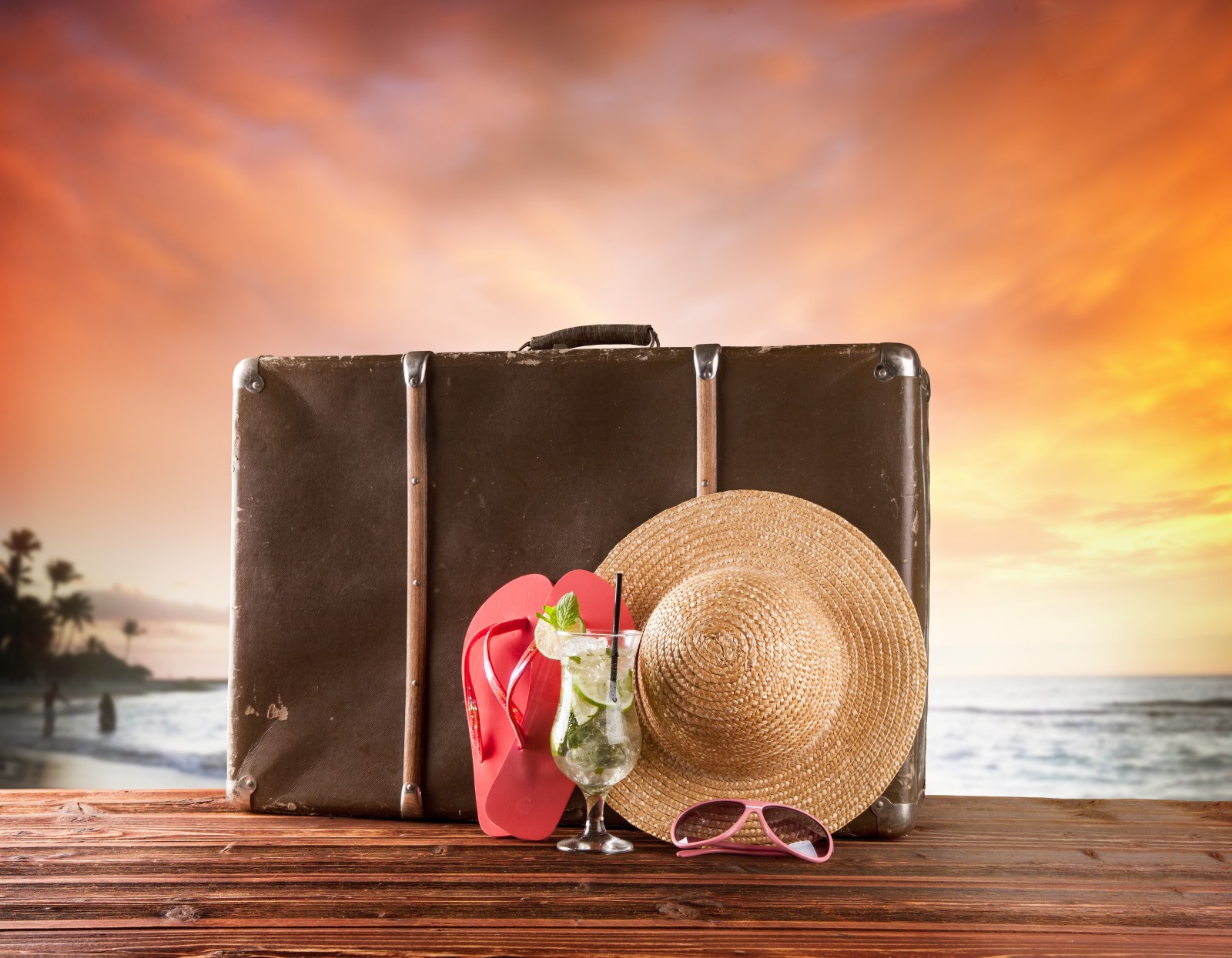 plage, mer, des lunettes, cocktail, valise, ardoises