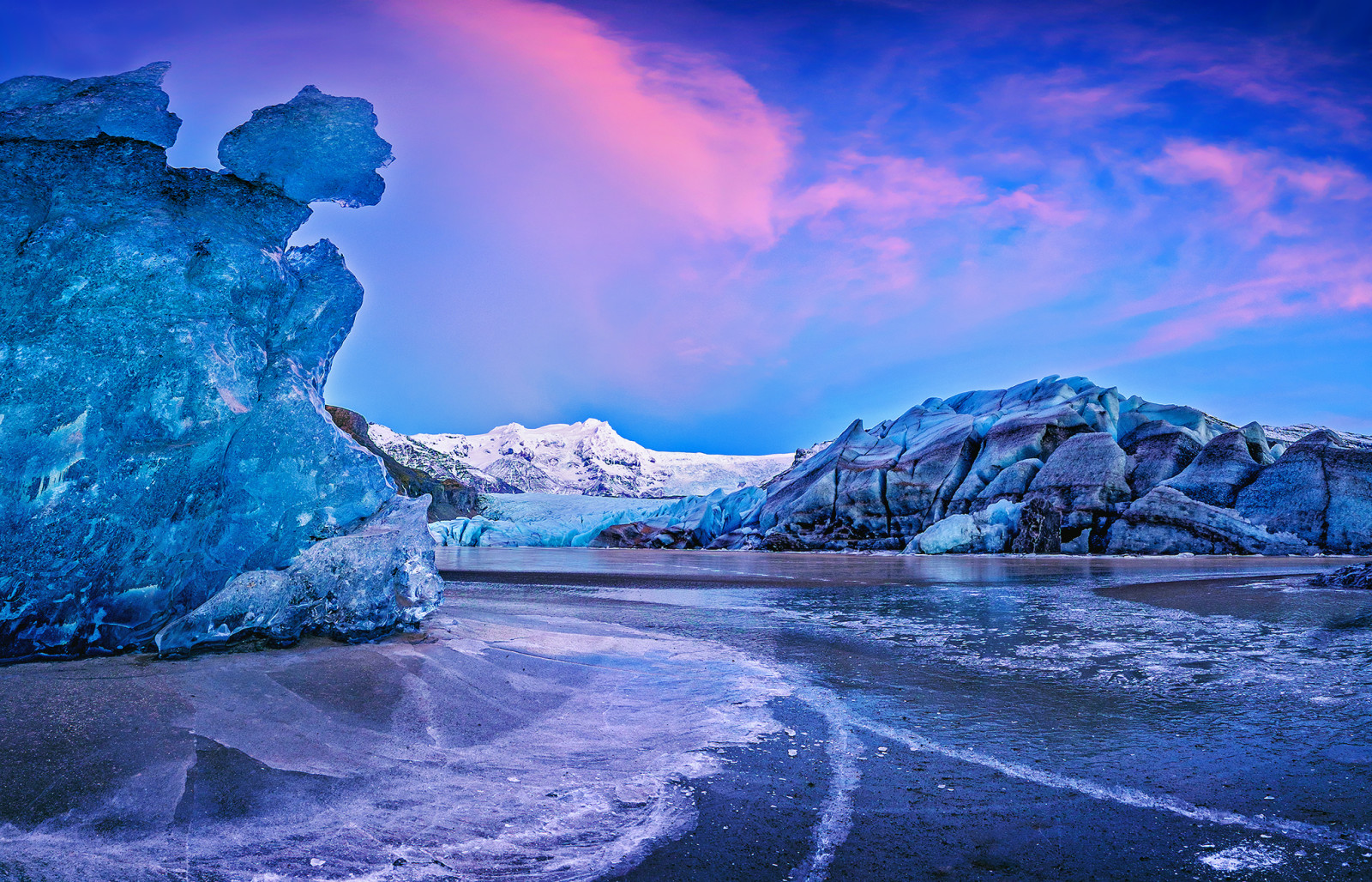 sunset, ice, mountains, water, Iceland, Auster-Skaftafellssysla, the Vatnajökull glacier, Vatnajökull