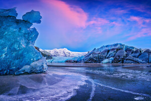 Auster-Skaftafellssysla, ijs, IJsland, bergen, zonsondergang, de Vatnajökull-gletsjer, Vatnajökull, water