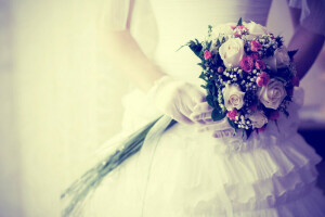 background, bouquet, dress, hands, the bride, white