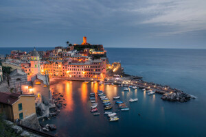 Záliv, lodě, budova, Cinque Terre, pobřeží, Itálie, krajina, Ligurské moře