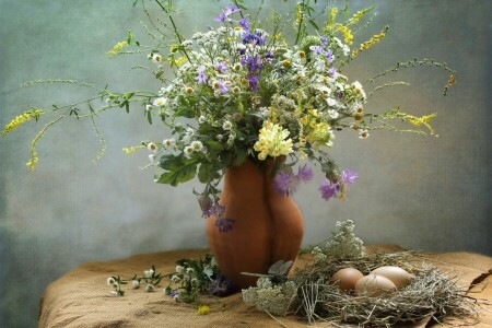 bouquet, camomille, des œufs, lanceur, mufliers, prise, été, texture