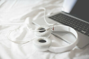 Headphones, laptop, white