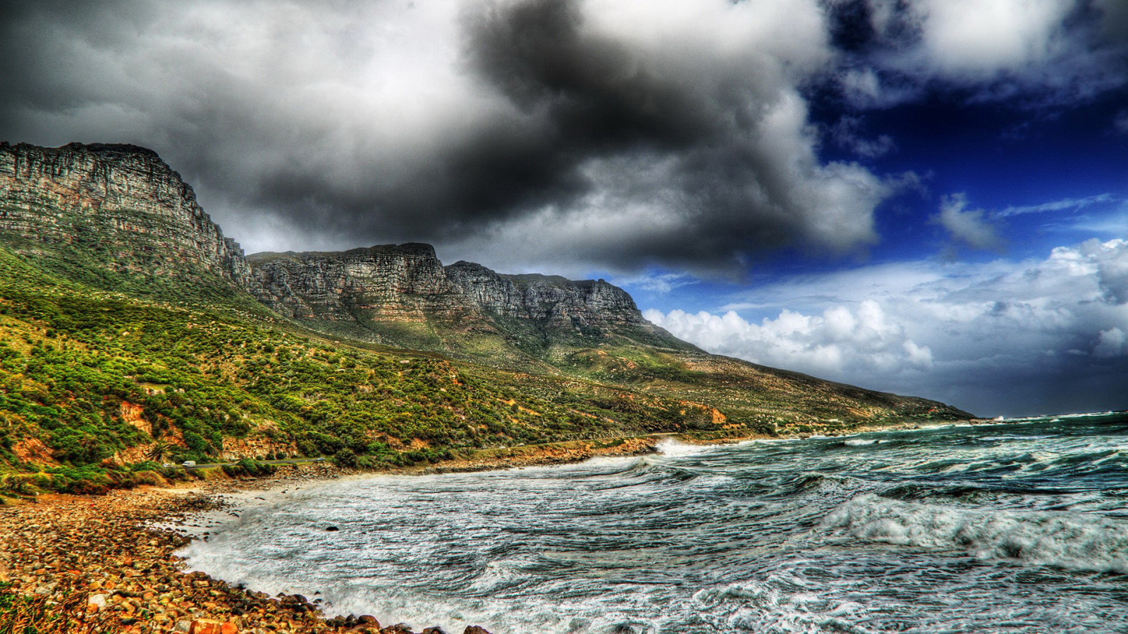 el cielo, piedras, mar, nubes, montañas, ola, tormenta, HDR