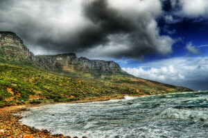 облака, HDR, горы, море, камни, гроза, небо, волна