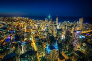 áreas, construção, Chicago, Il, Illinois, Lago Michigan, cidade da noite, panorama