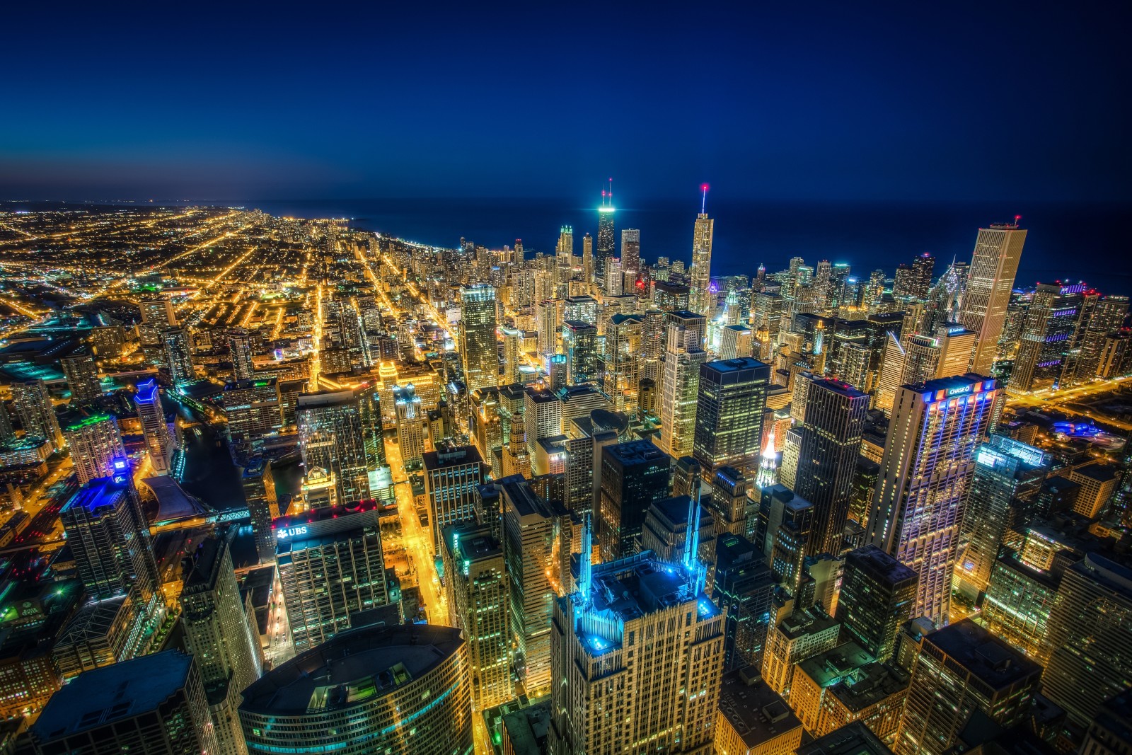 cidade da noite, arranha-céus, panorama, construção, Chicago, áreas residenciais, Il, Illinois