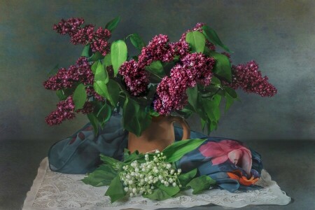 lilac, lilies of the valley, shawl, texture