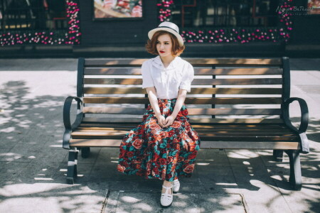 bench, girl, street