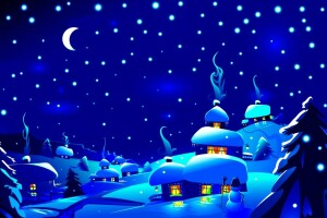 un mes, azul, bosque, hogar, luces, noche, nieve, copos de nieve