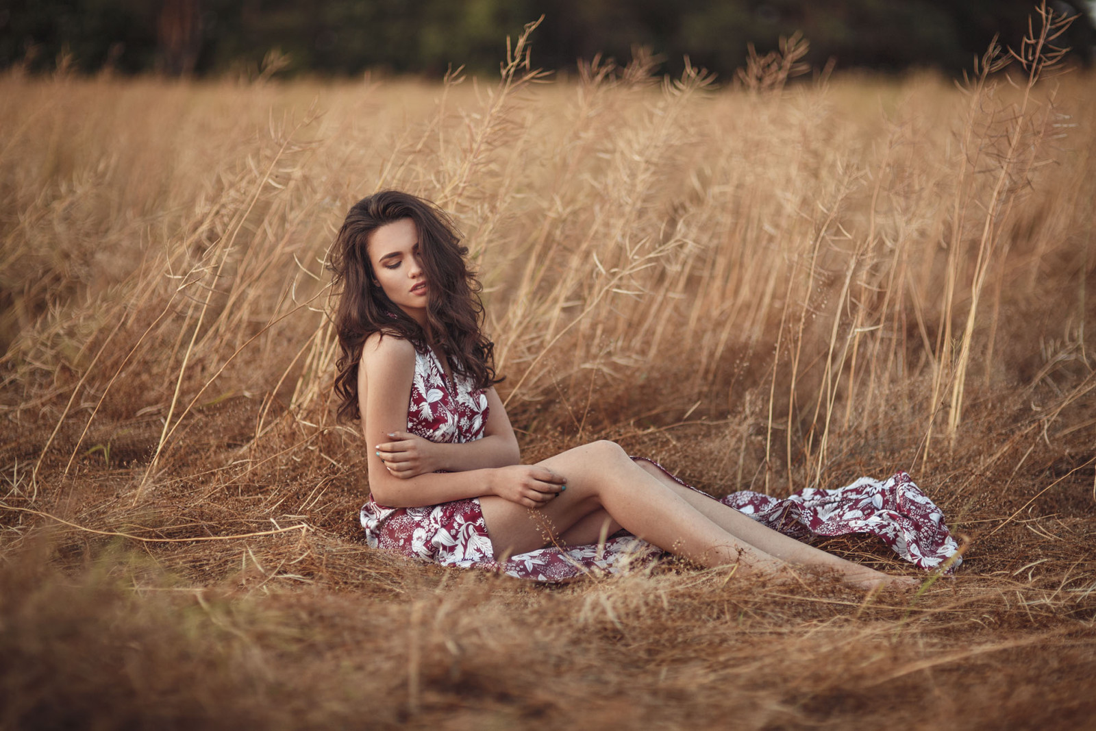 posa, bokeh, estate, ragazza, BELLEZZA, campo, sexy, vestito