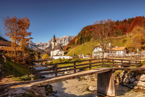 Alpi, toamnă, Bayern, Pod, Biserică, Germania, casă, munţi