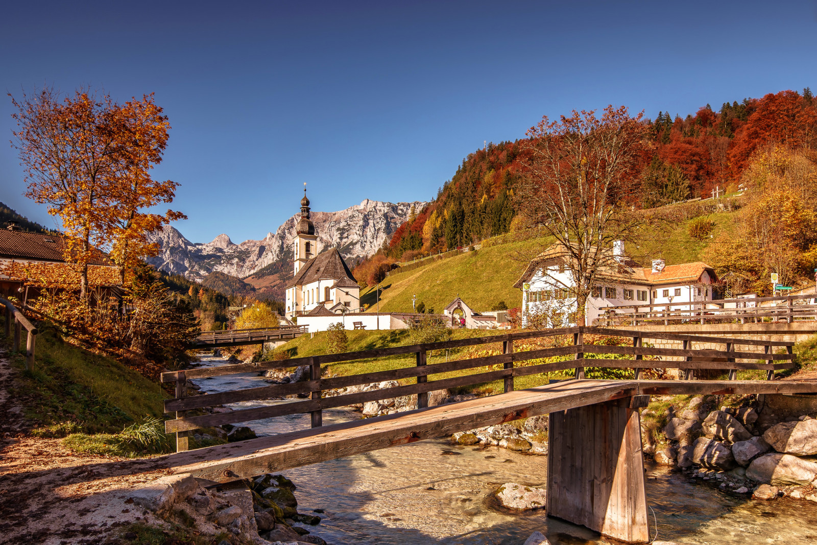 autumn, house, river, trees, mountains, Germany, Bayern, Bridge