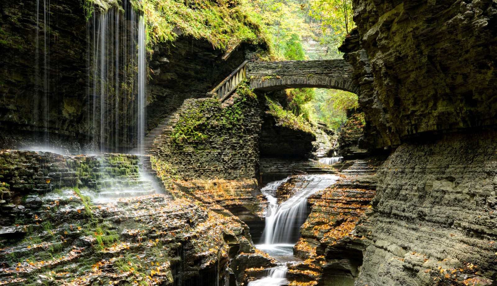 pedras, cascata, Ponte, EUA, pedras, escada, corrente, passos