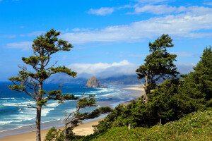 beach, clouds, coast, Oregon, reefs, sand, sea, stones