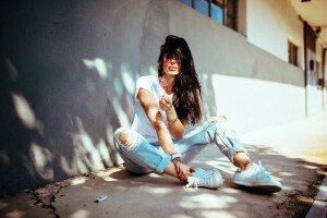 fashion, girl, jeans, smoke, sneakers, street, t-shirt, tattoo