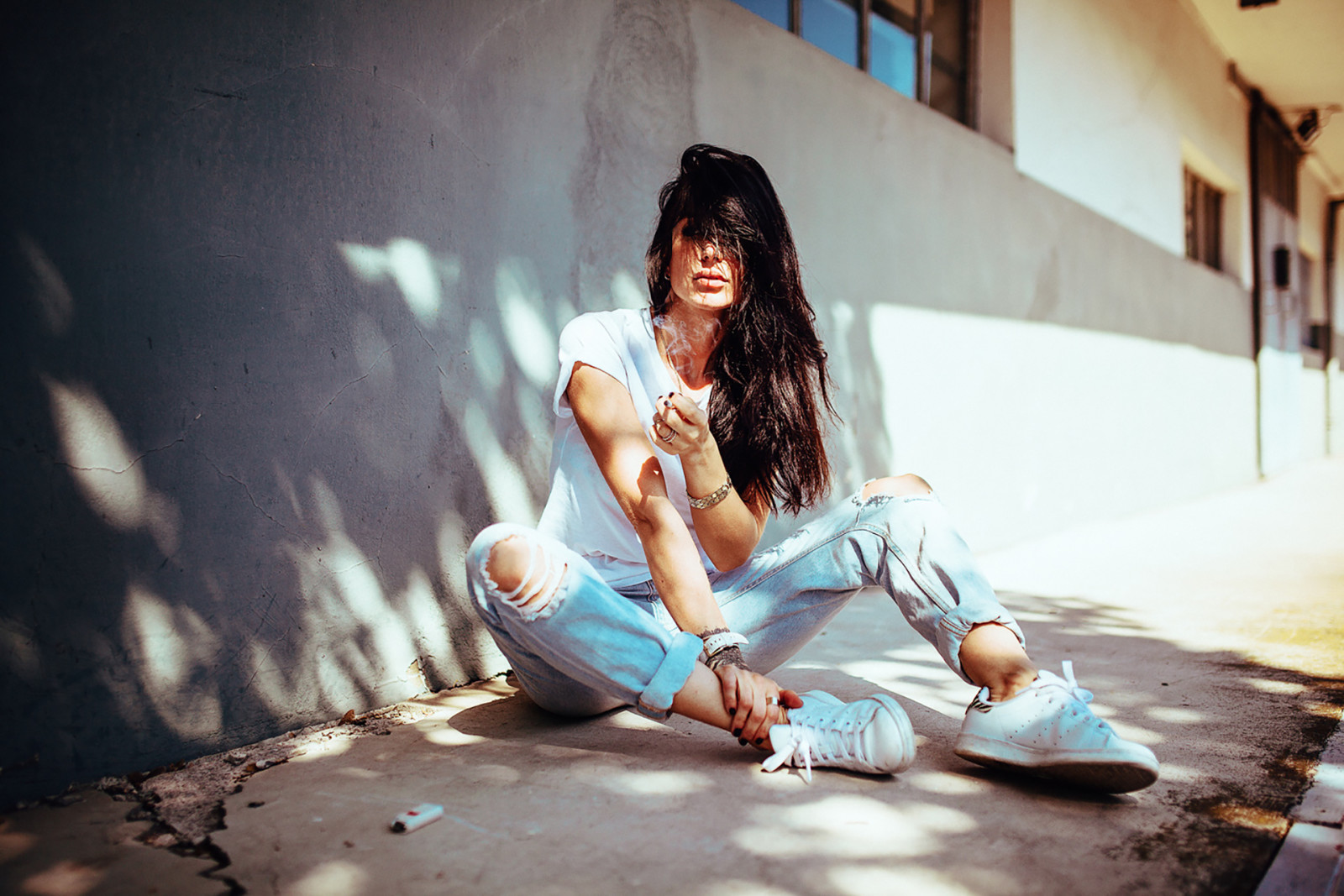 street, girl, jeans, watch, tattoo, fashion, sneakers, smoke