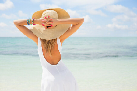 girl, hat, sea, summer