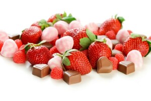 chocola, bloemen, fruit, bloemblaadjes, rozen, aardbei