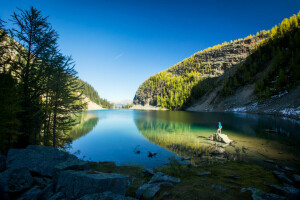 Alberta, Nationaal park Banff, Canada, meer, Lake Louise, bergen, kust, stenen