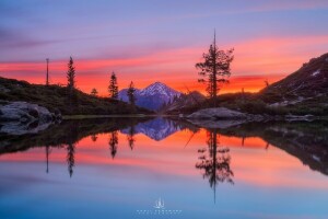 California, Castle Lake, alba, Kenji Yamamura, Monte Shasta, Montagna, fotografo, stagno