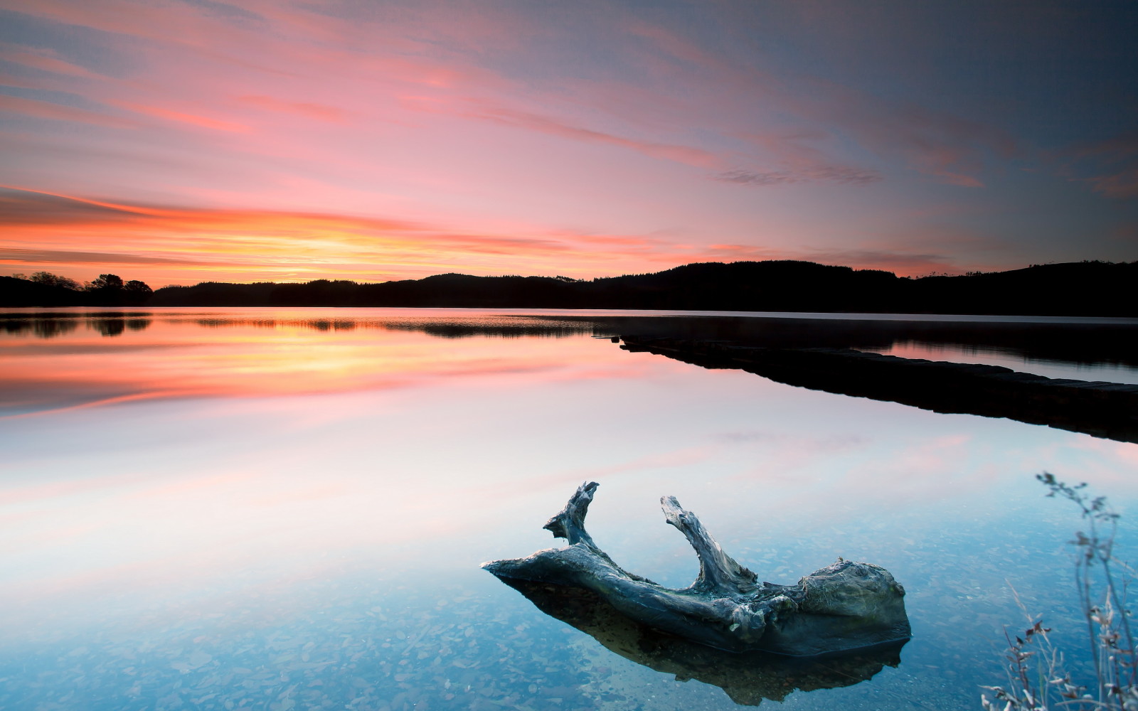 sø, solnedgang, landskab, log