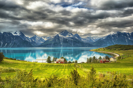 Bay, grass, house, mountains, sea, Sweden