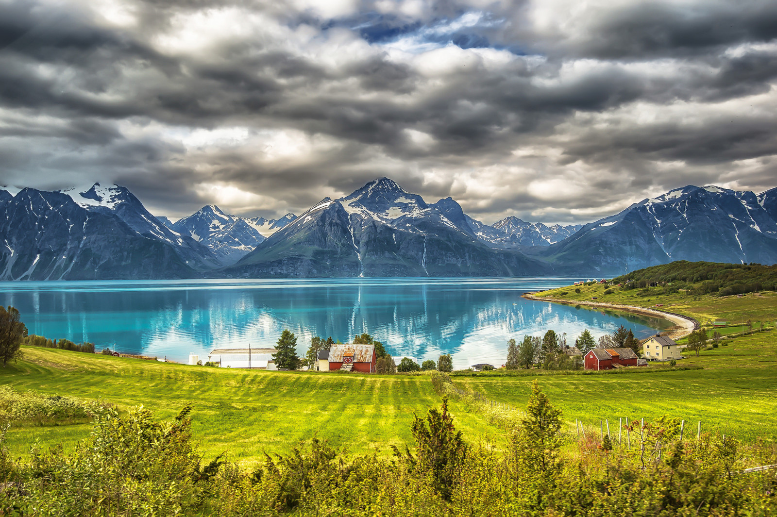 grass, house, Bay, sea, mountains, Sweden