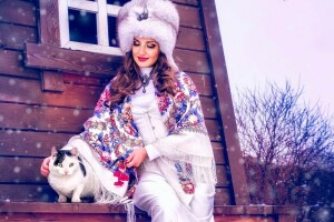 cat, ethno, fur, girl, hat, shawl, snow, winter