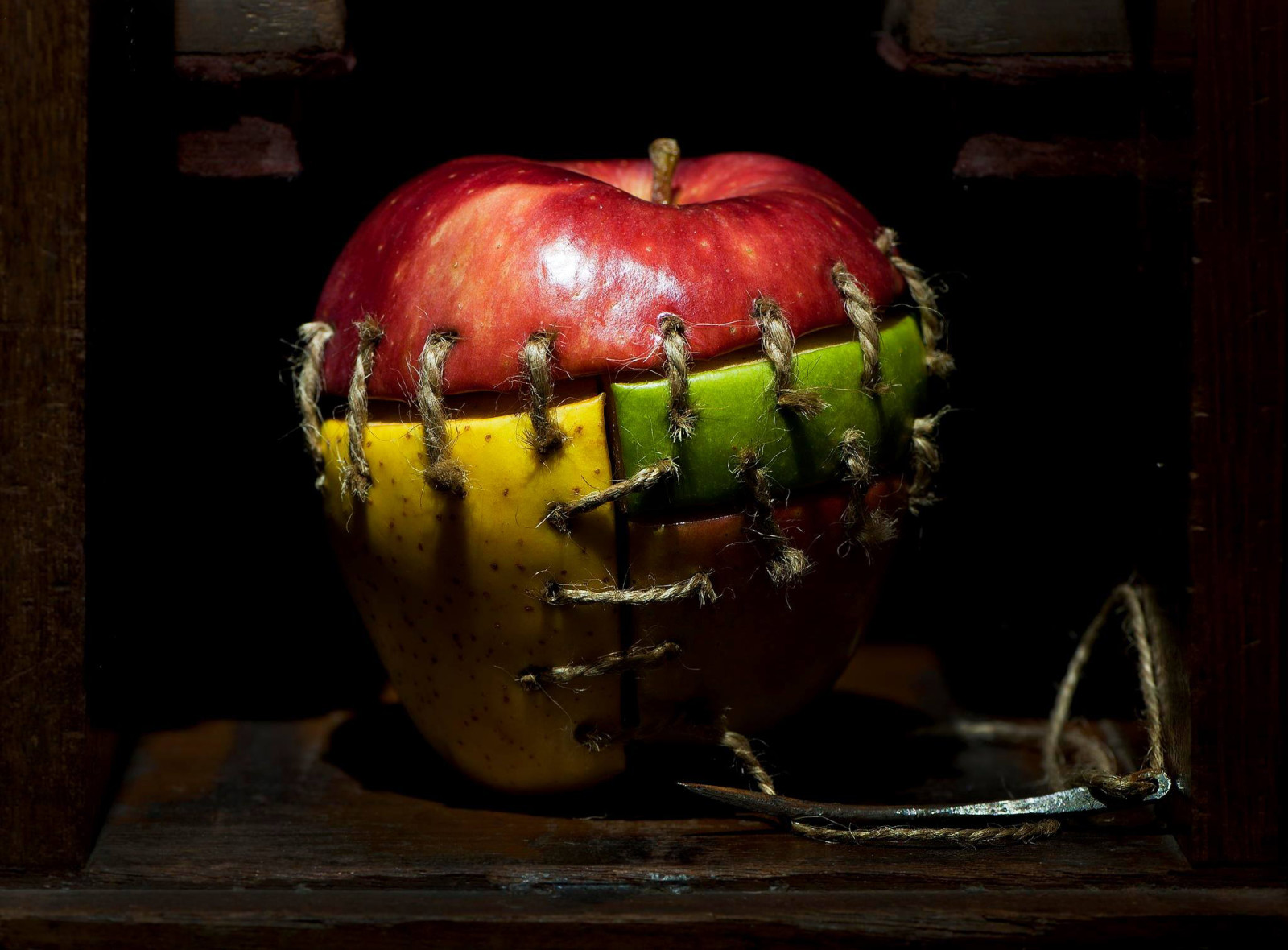 apple, pieces, needle, thread, Frankenstein, seams, Gomezy Escalonilla