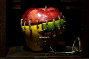 apple, Frankenstein, Gomezy Escalonilla, needle, pieces, seams, thread