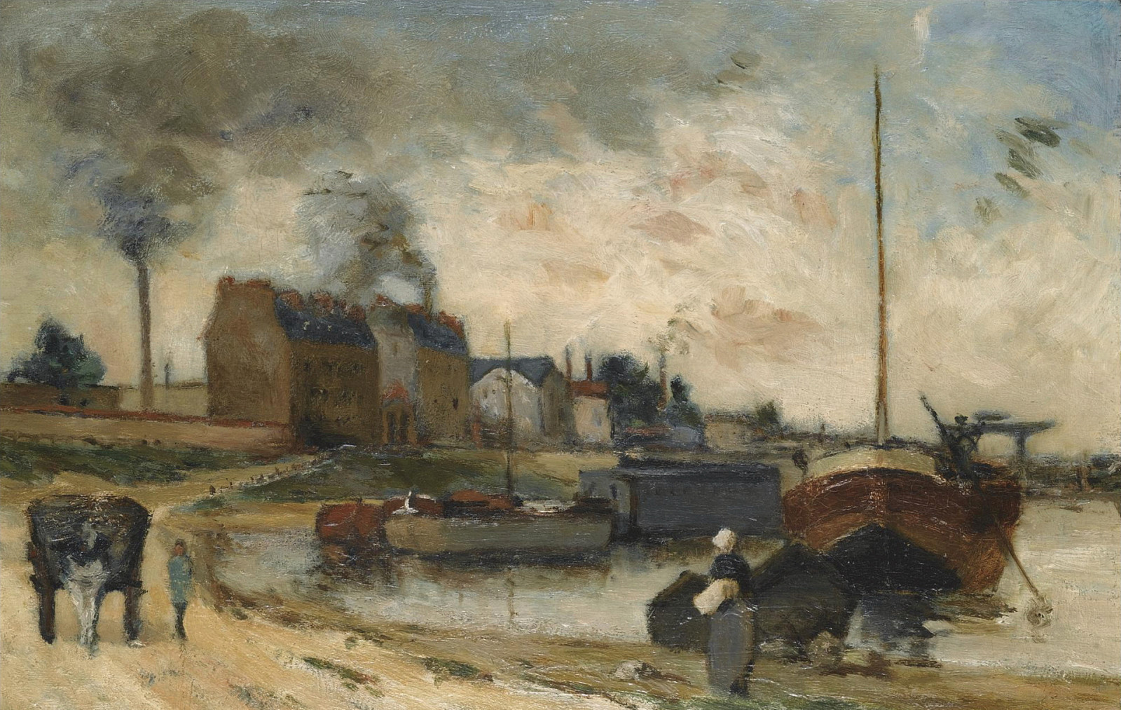 landscape, picture, boat, factory, pipe, smoke, Paul Gauguin