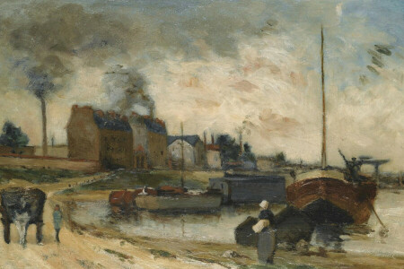 boat, factory, landscape, Paul Gauguin, picture, pipe, smoke