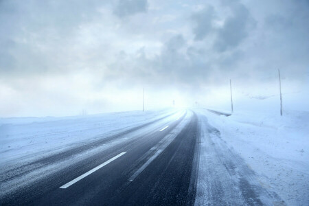 nebbia, natura, strada, neve, inverno