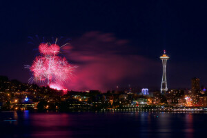 fuochi d'artificio, 4 luglio, luci, notte, panorama, Seattle, la città