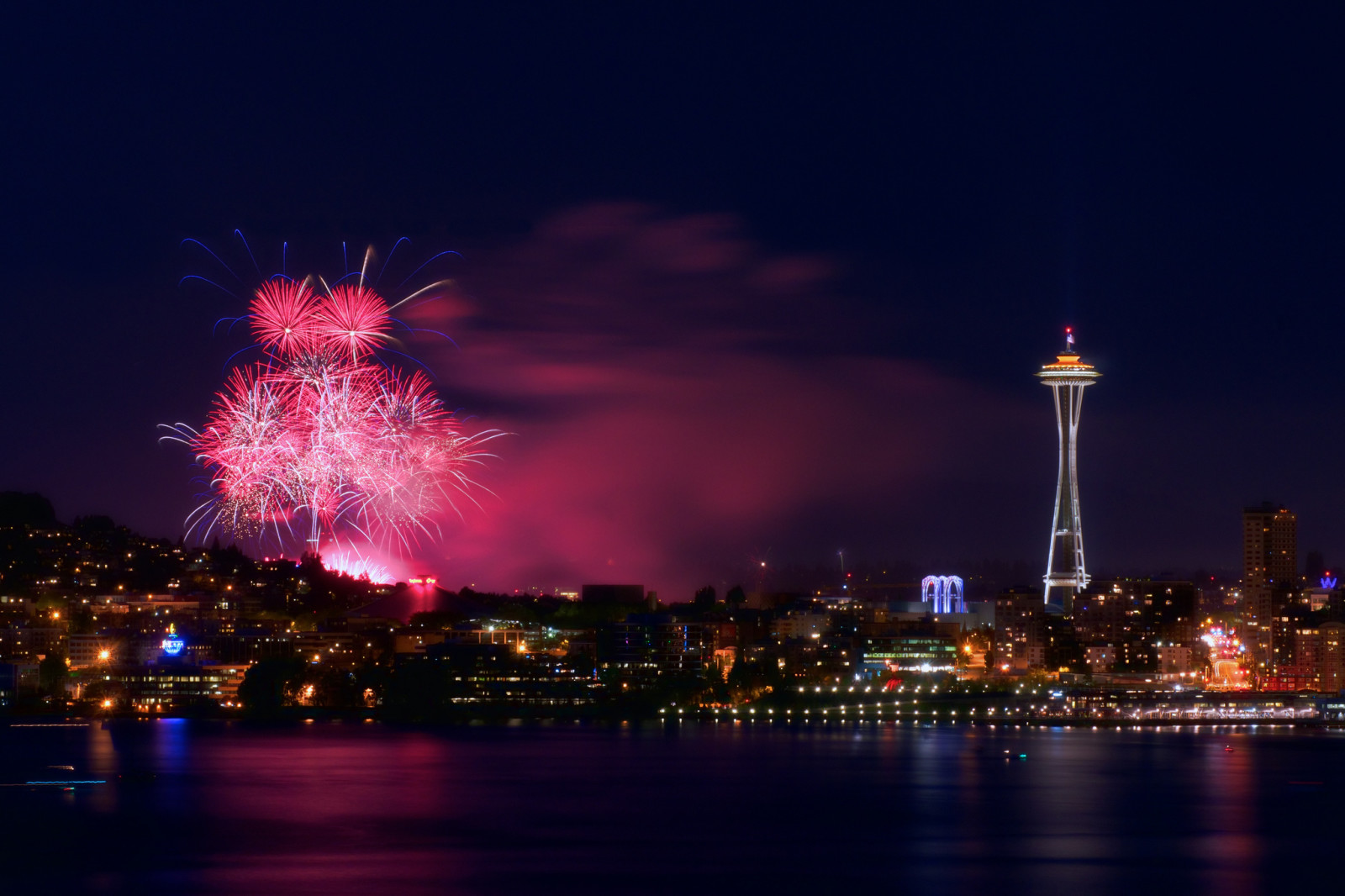 the city, lights, night, panorama, fireworks, Seattle, July 4