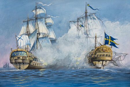 Arte, batalla, explosiones, tribunales, Explosiones, gouache., pistolas, Armada