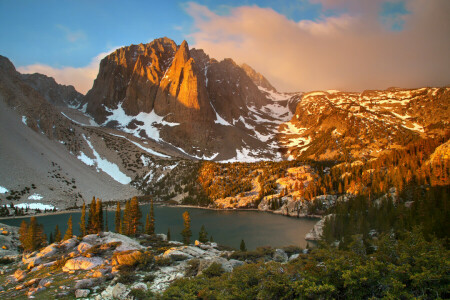 Big Pine Canyon, meer, bergen, Sierra Nevada, sneeuw, Spanje, bomen