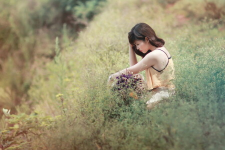 field, girl, mood, summer