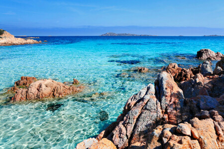 Bay, horizon, rocks, sea, stones, the sky