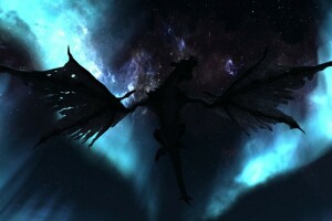 dragon, flight, night, skyrim, stars, the sky, wings