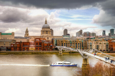 efterår, Bro, skyer, hjem, London, mennesker, flod, Thames