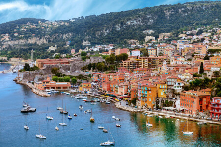 boats, France, home, nice, promenade, rocks, sea, trees