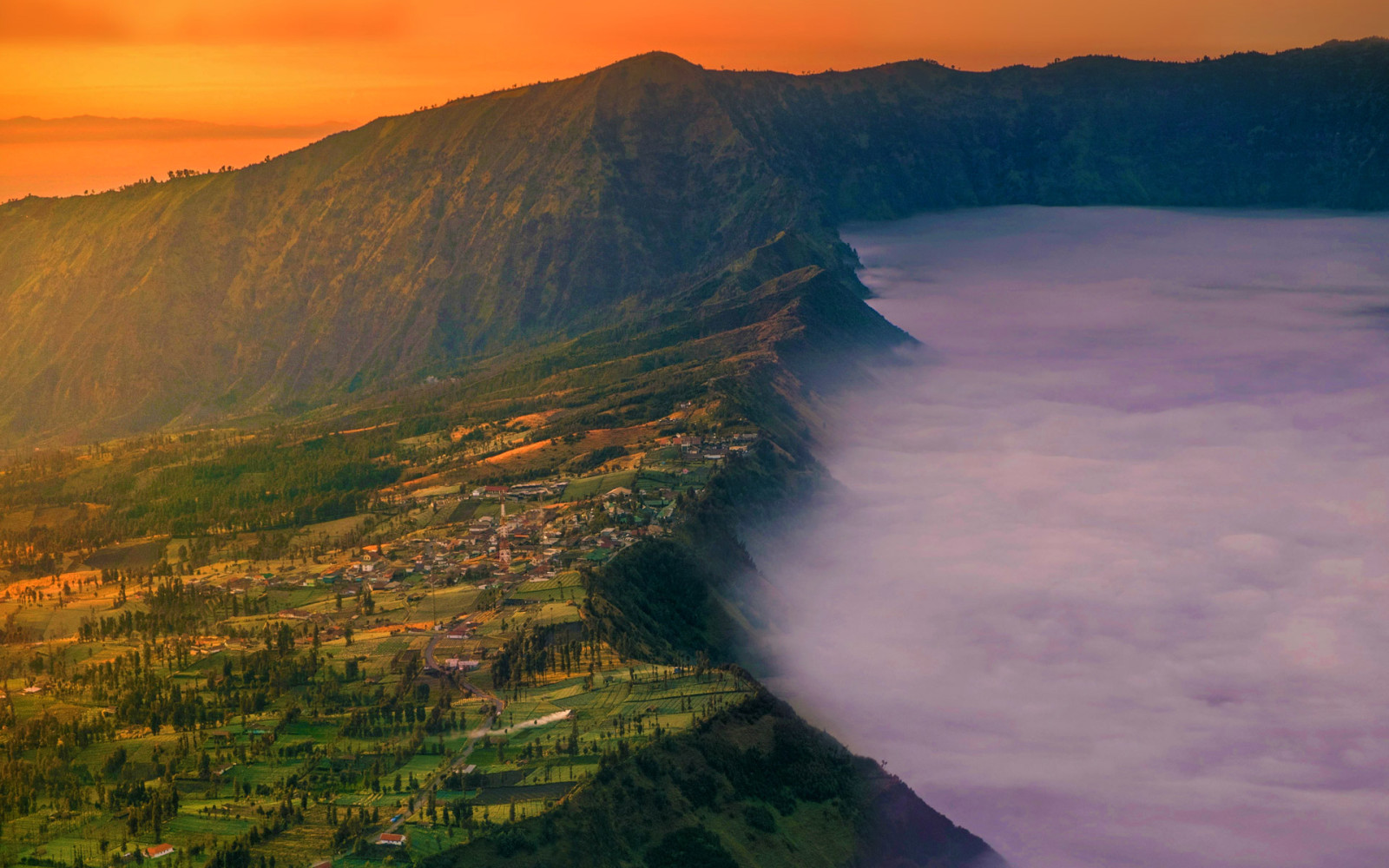 hjem, gløde, tåke, landsby, Indonesia, Mount Bromo, Cemoro Lawang