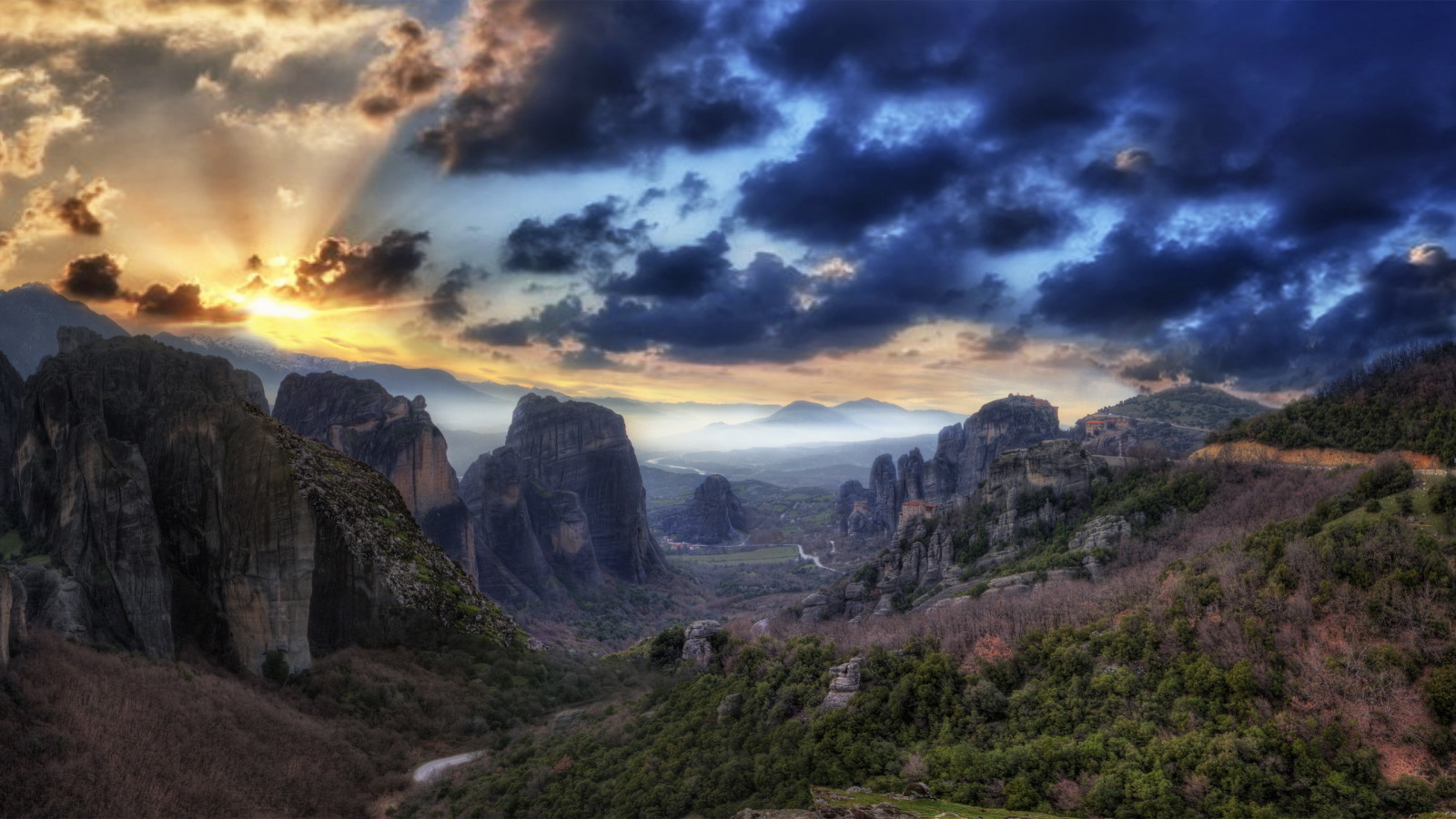 puesta de sol, paisaje, montañas